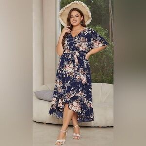 Keluummi NWT blue/pink hi lo ruffle tiered boho floral wrap wedding guest dress